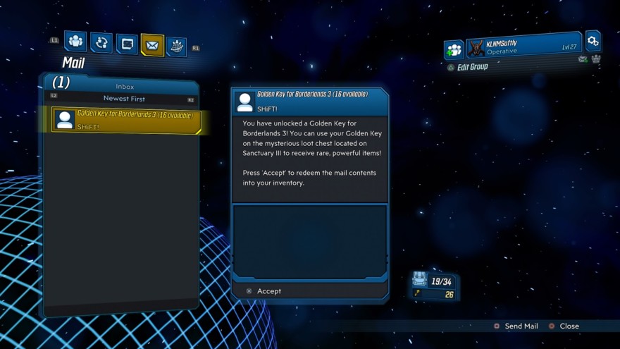 Borderlands 3 Golden Keys in Mail