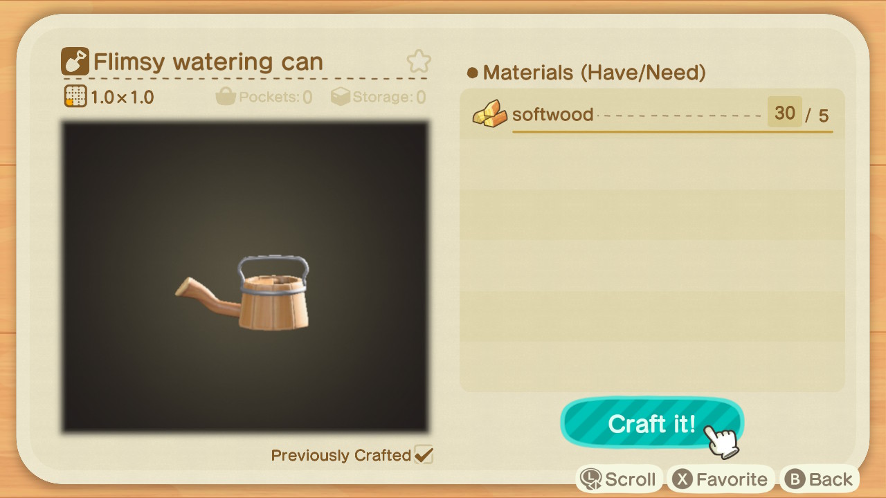 Animal Crossing Flimsy Watering Can Recipe