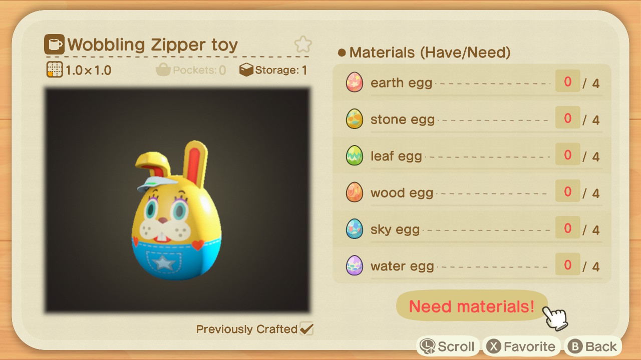 Animal Crossing Wobbling Zipper Toy Recipe
