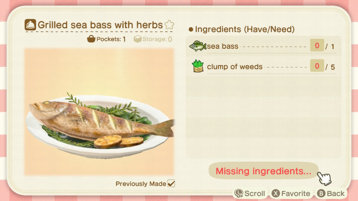 Animal Crossing Grilled Sea Bass Recipe